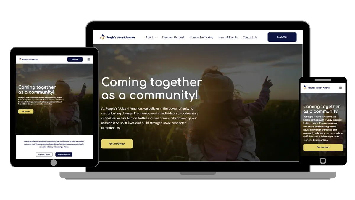 People's Voice 4 America website shown on laptop, tablet and phone