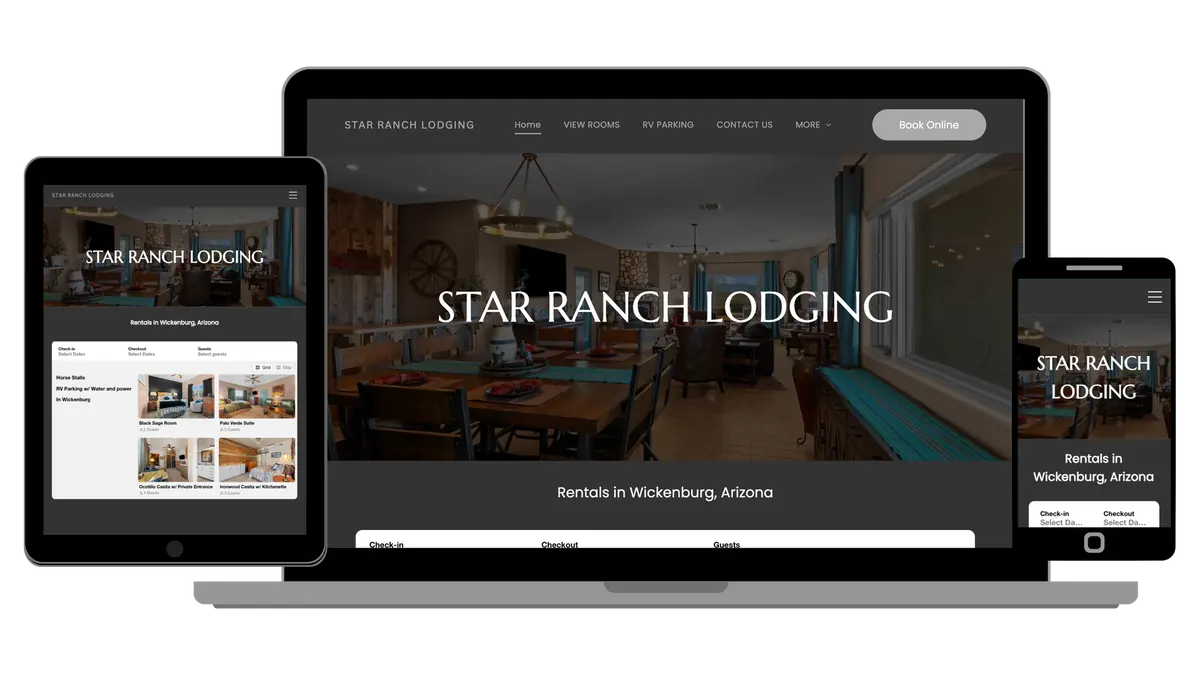 Star Ranch Lodging website shown on laptop, tablet and phone