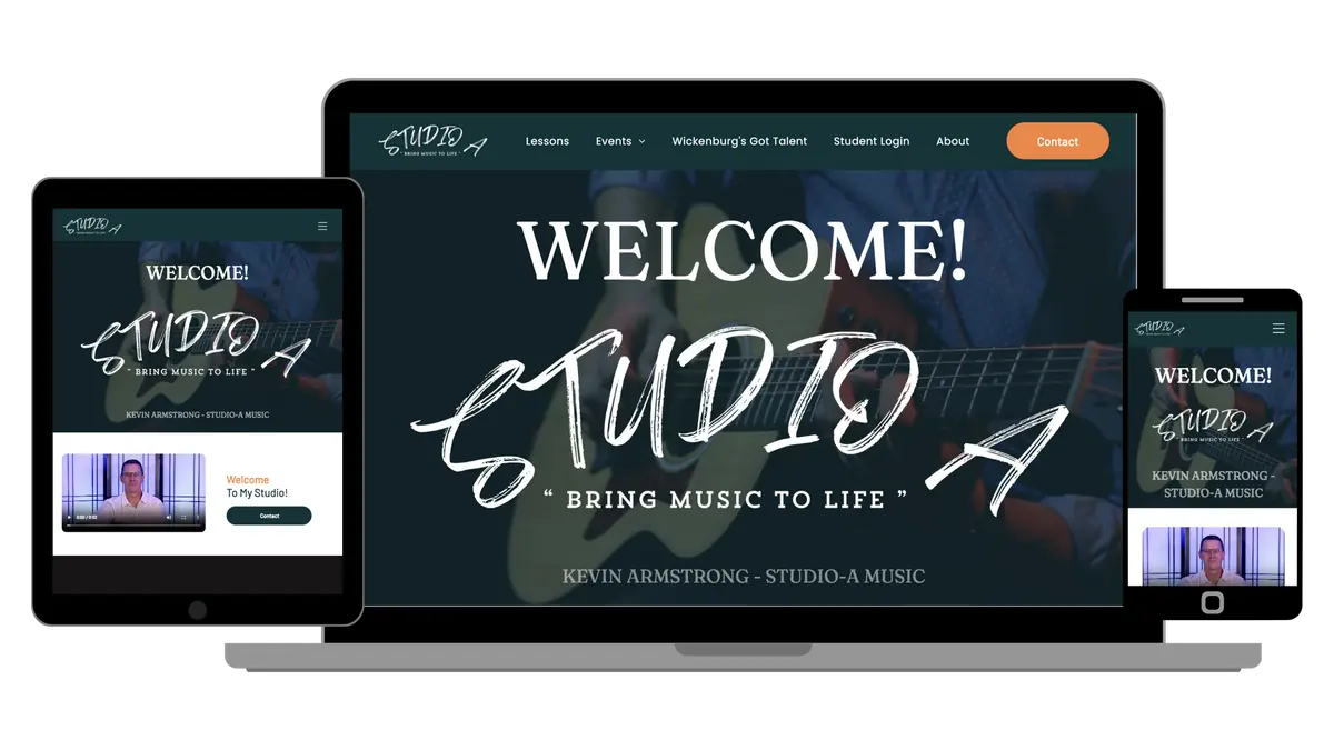 Studio A Music website shown on laptop, tablet and phone